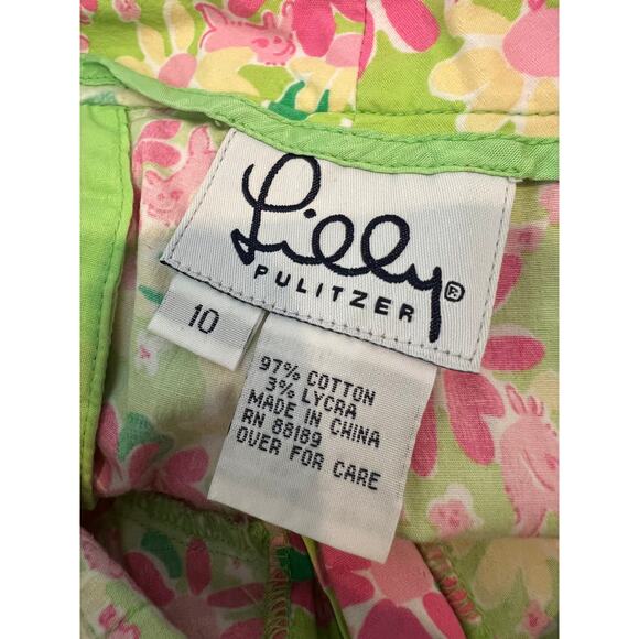 Vintage Lilly Pulitzer Pedal Pusher Pants Green Pink Rhino Print Flaw* 10 - Picture 7 of 7